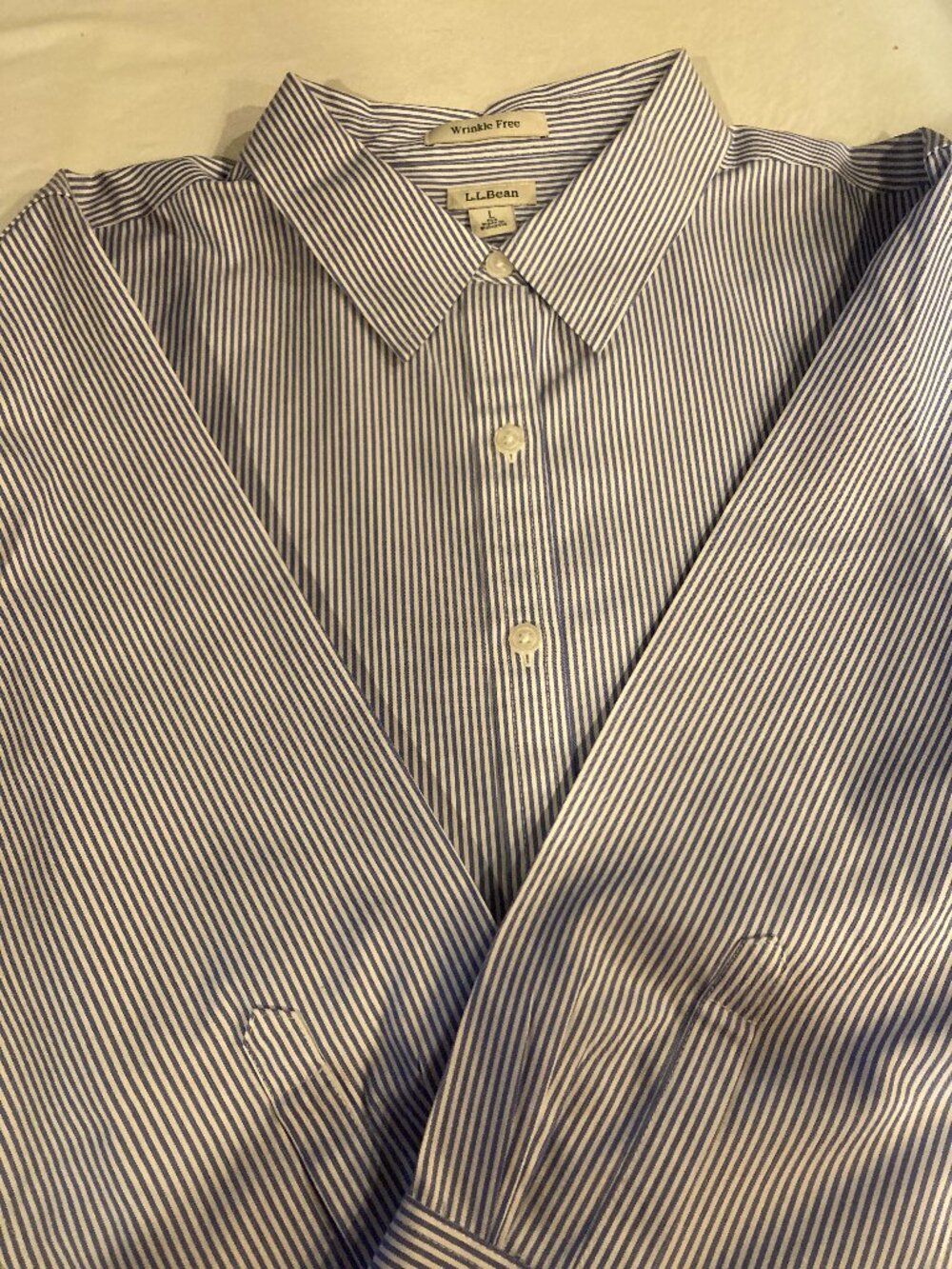 LL Bean 3/4-Sleeve Wrinkle Free B;ue/white Stripe Shirt, Size L